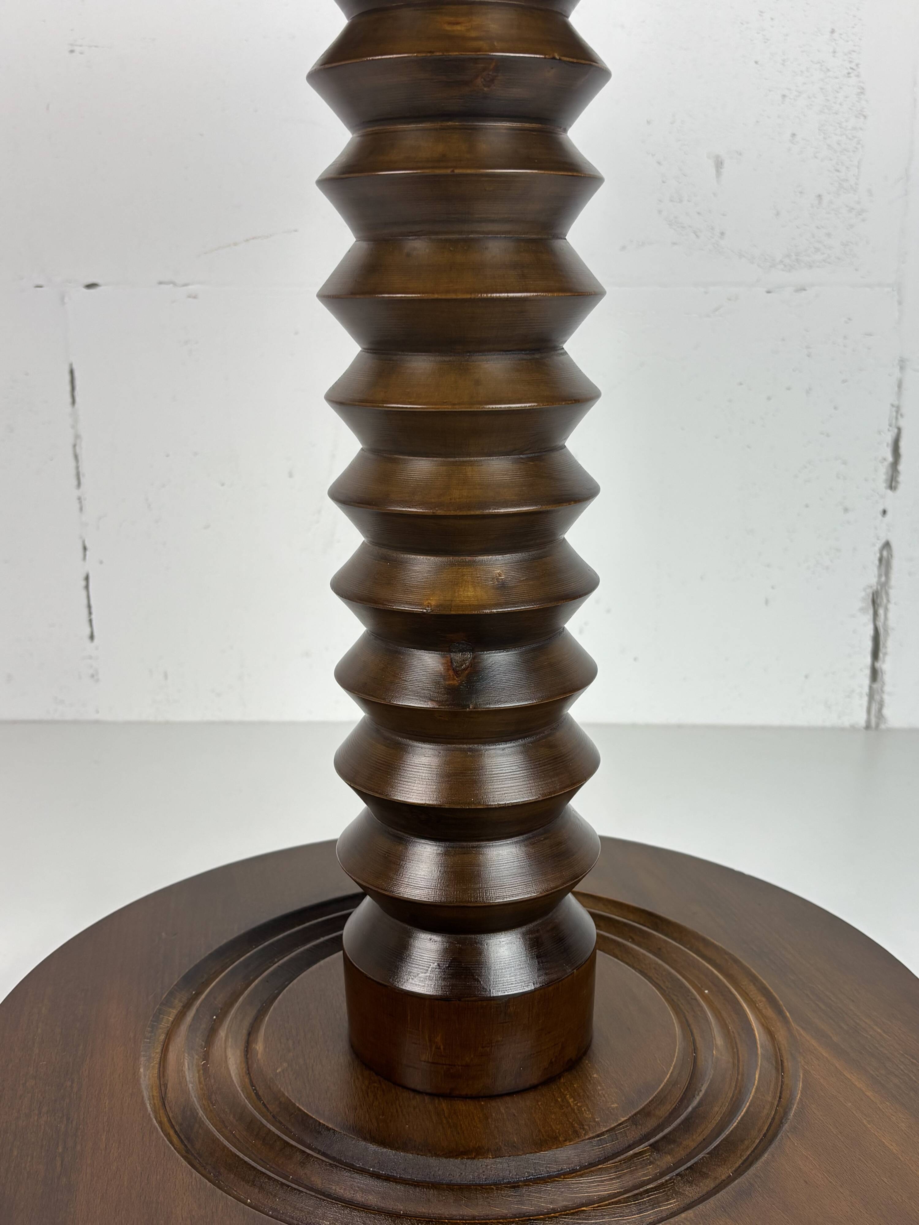 Brutalist Wood Turned Press Side Table in the style of Charles Dudouyt