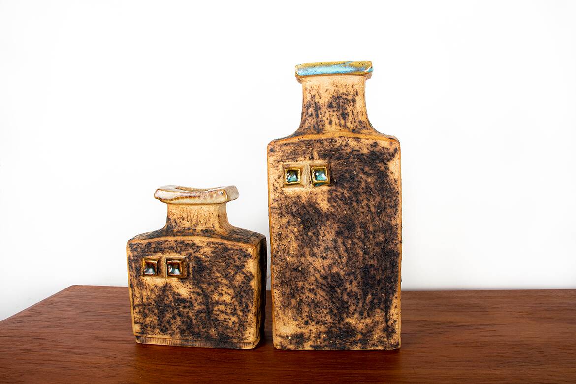 Two Swedish Vases, brutalist, stoneware and glazed collar, Curt Magnus Addin.