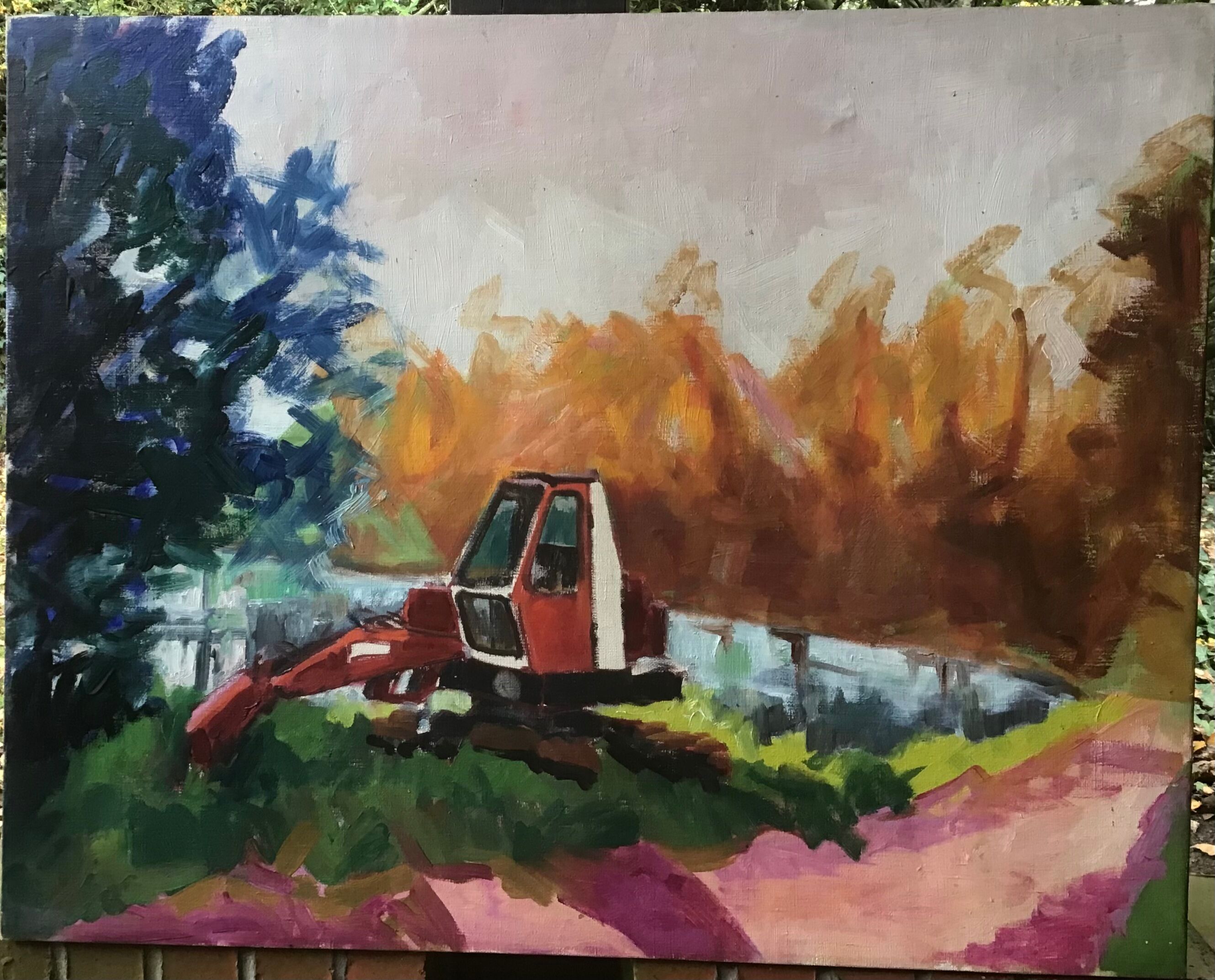 Landscape with excavator, oil on tawny canvas