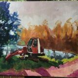 Paysage à la pelleteuse, huile sur toile fauve
