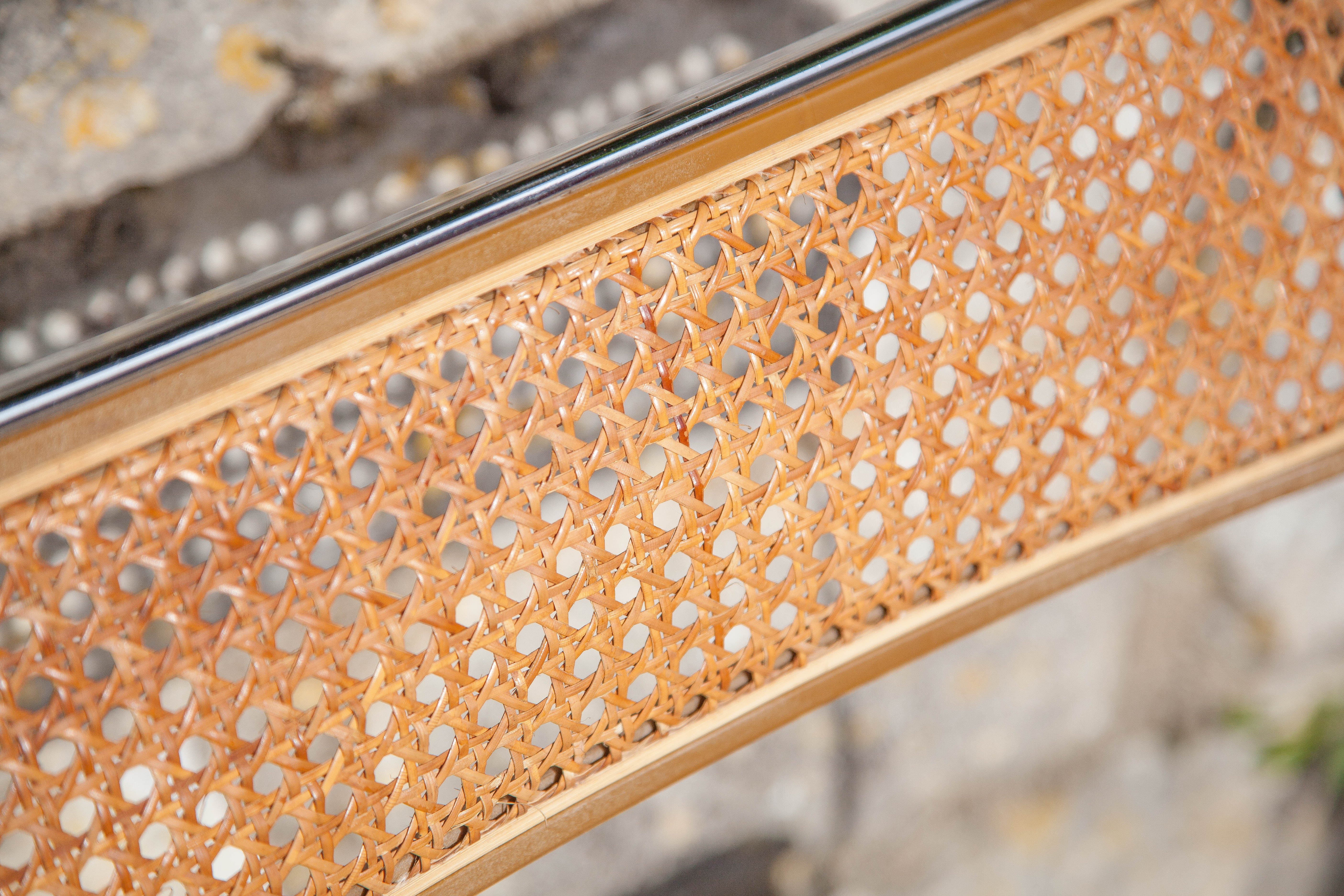 Set of 3 folding chairs in rattan and chromed metal, vintage chair, design, 60's