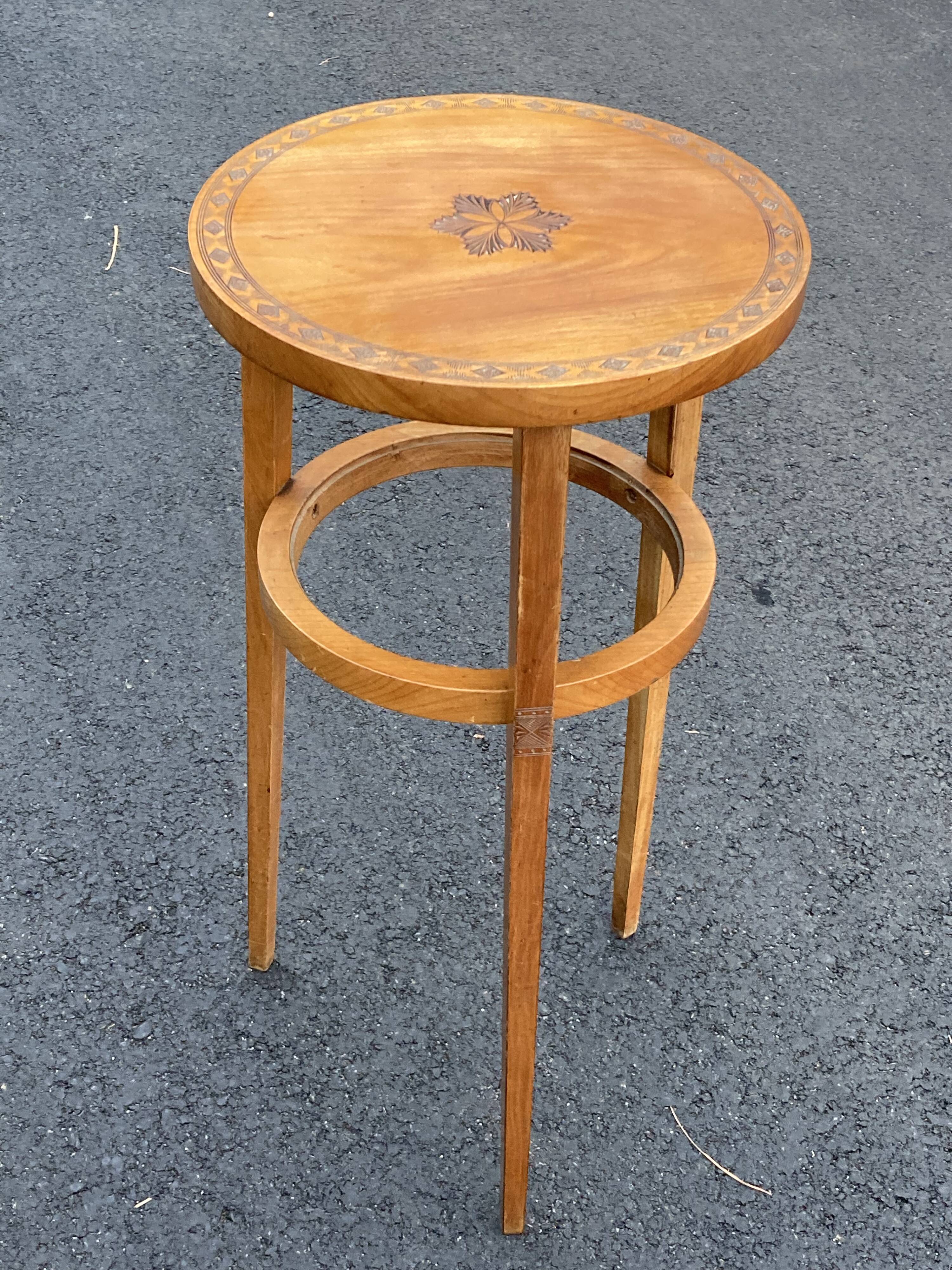 Art Deco Wooden Pedestal Table Carved with Star / Antique Side Table 1930