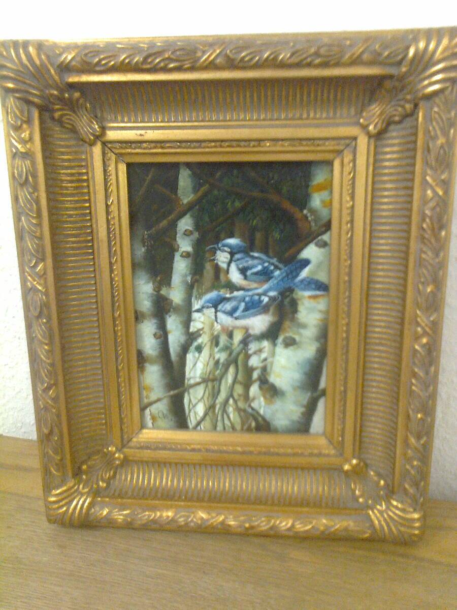 Painting on wood, gilded carved frame, image: blue birds / birches in winter