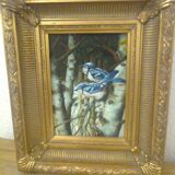 Painting on wood, gilded carved frame, image: blue birds / birches in winter