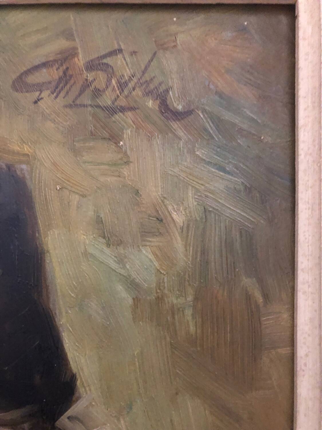 Oil on panel portrait of elderly man with pipe signed