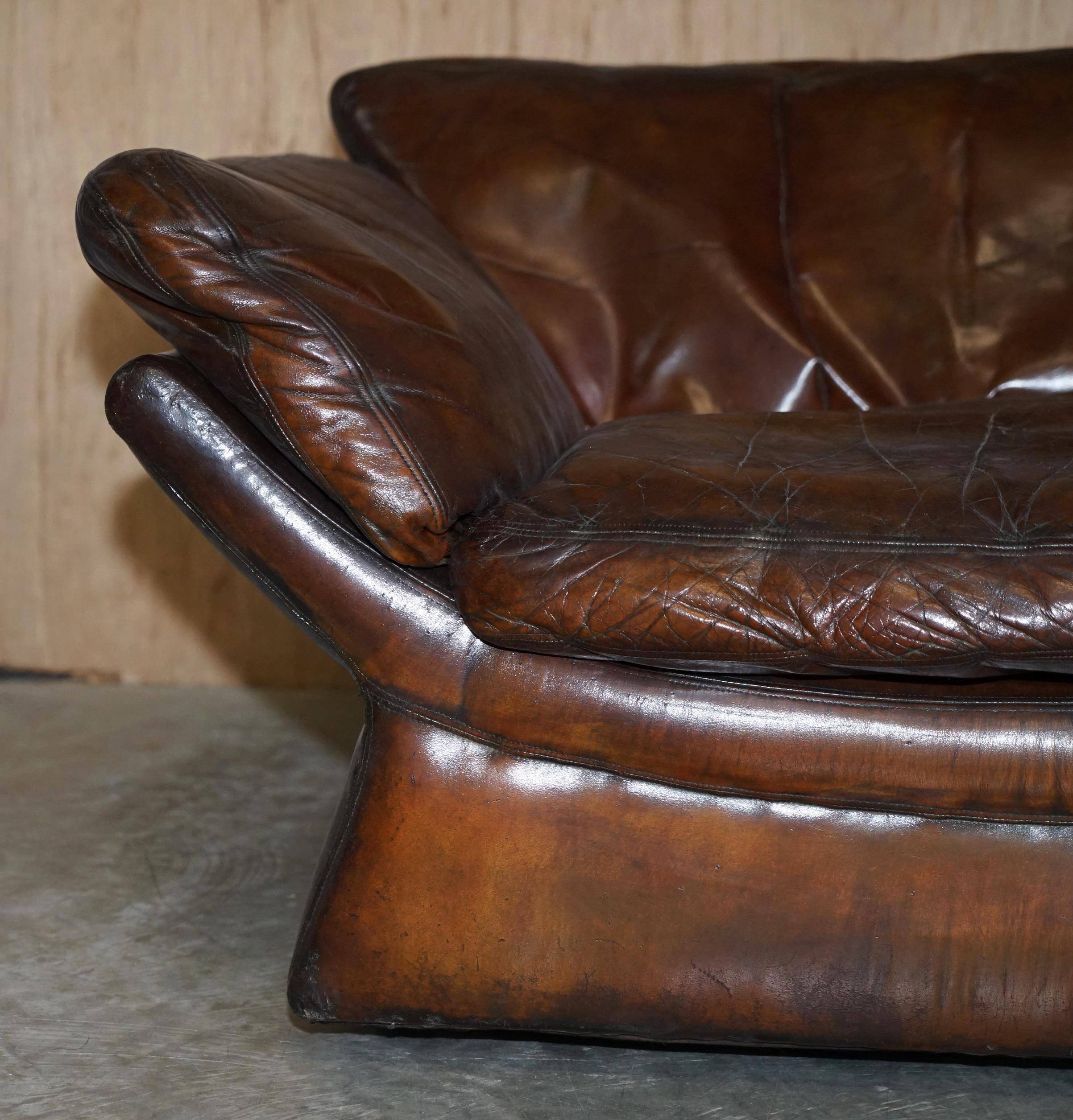Restored leather mid-century modern low sofa