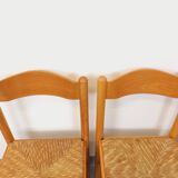 Set of 4 vintage brutalist chairs in light wood and straw from the 70s