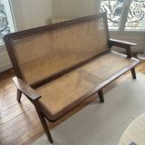 Banquette en rotin style Pierre Jeanneret