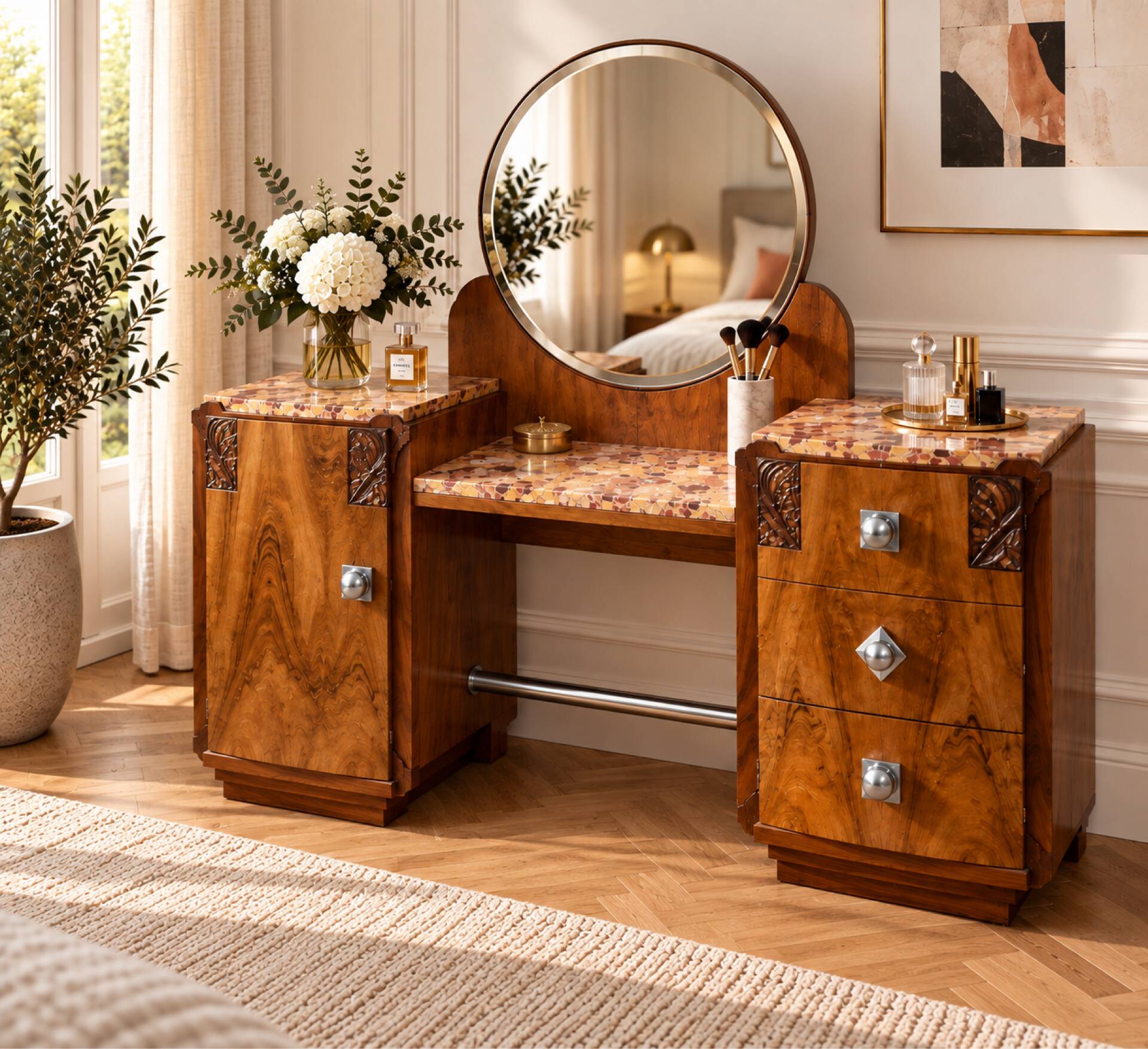 Ensemble coiffeuse 1930 Art Déco en Noyer avec dessus marbre et chevet