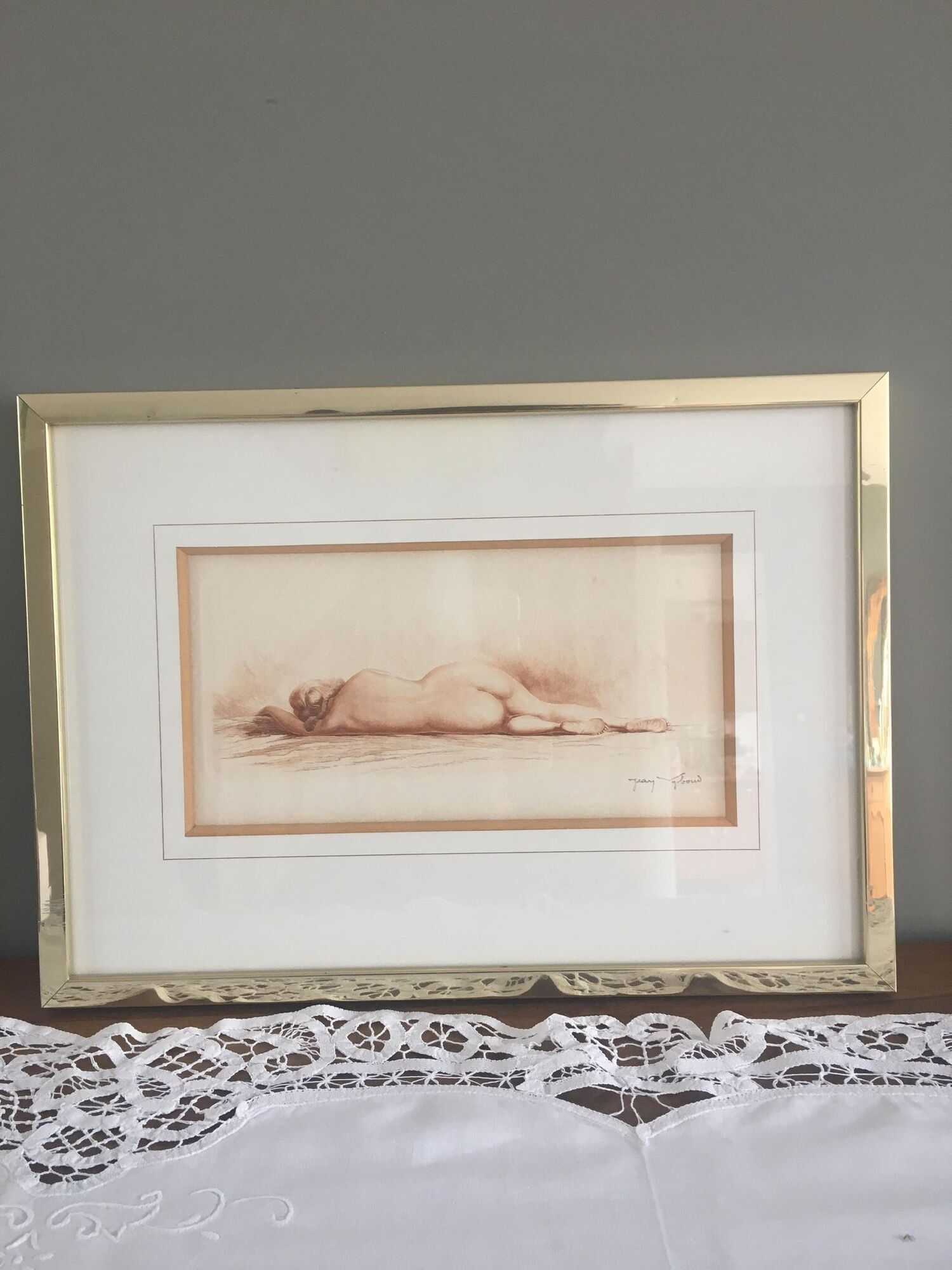 Eaux Forte à la sanguine signed Jean Vyboud 'Woman lying naked'