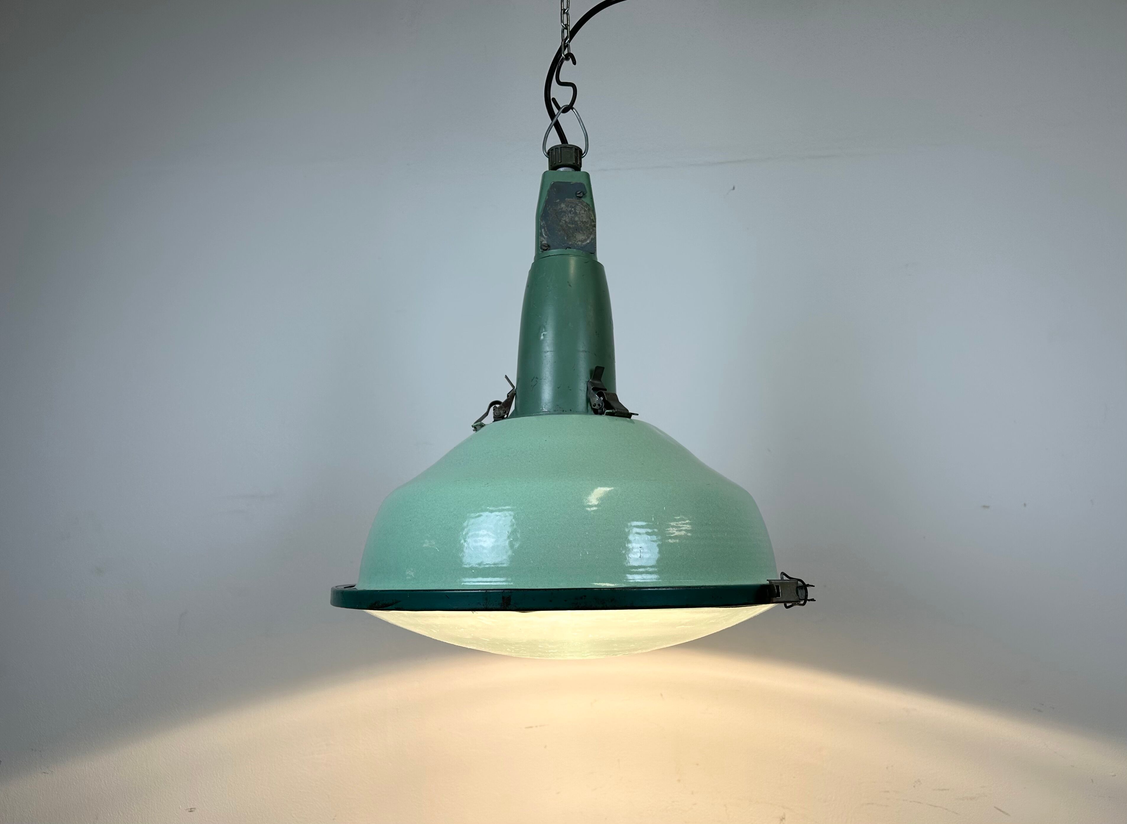 Industrial soviet green enamel pendant light with glass cover, 1960s