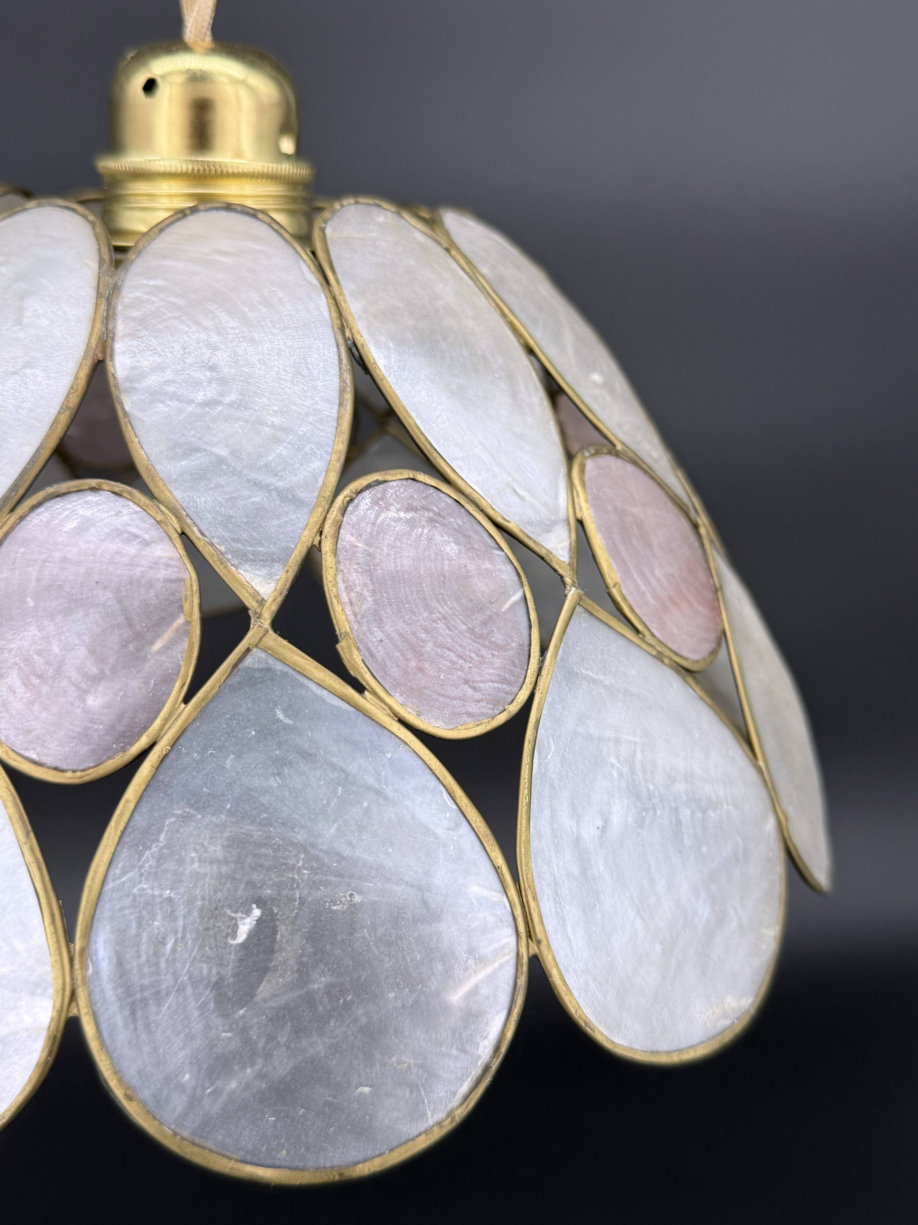 Vintage pink & white capiz petal pendant light – gold-plated brass