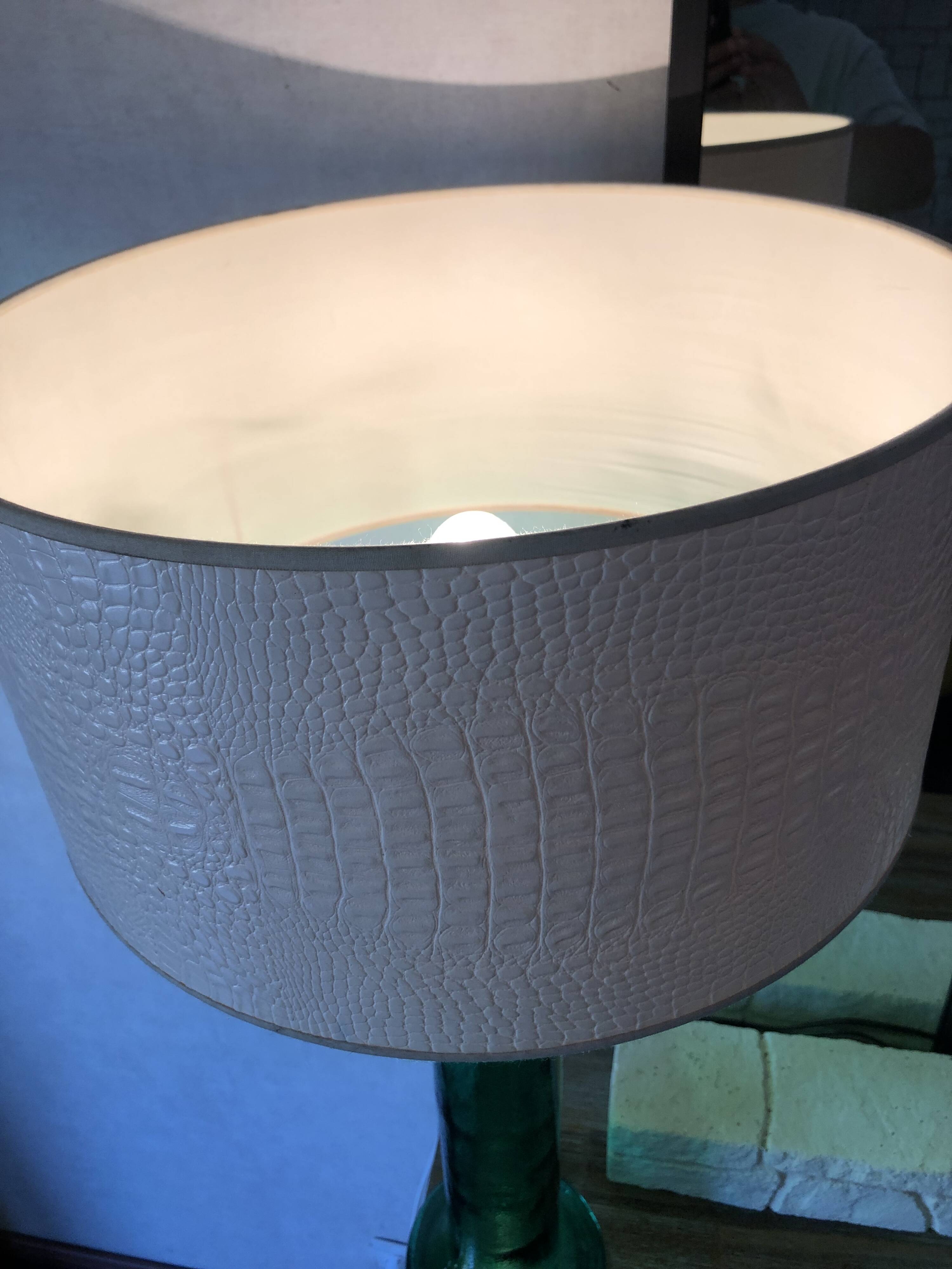 Retro table lamp with glass base and crocodile effect leather shade.