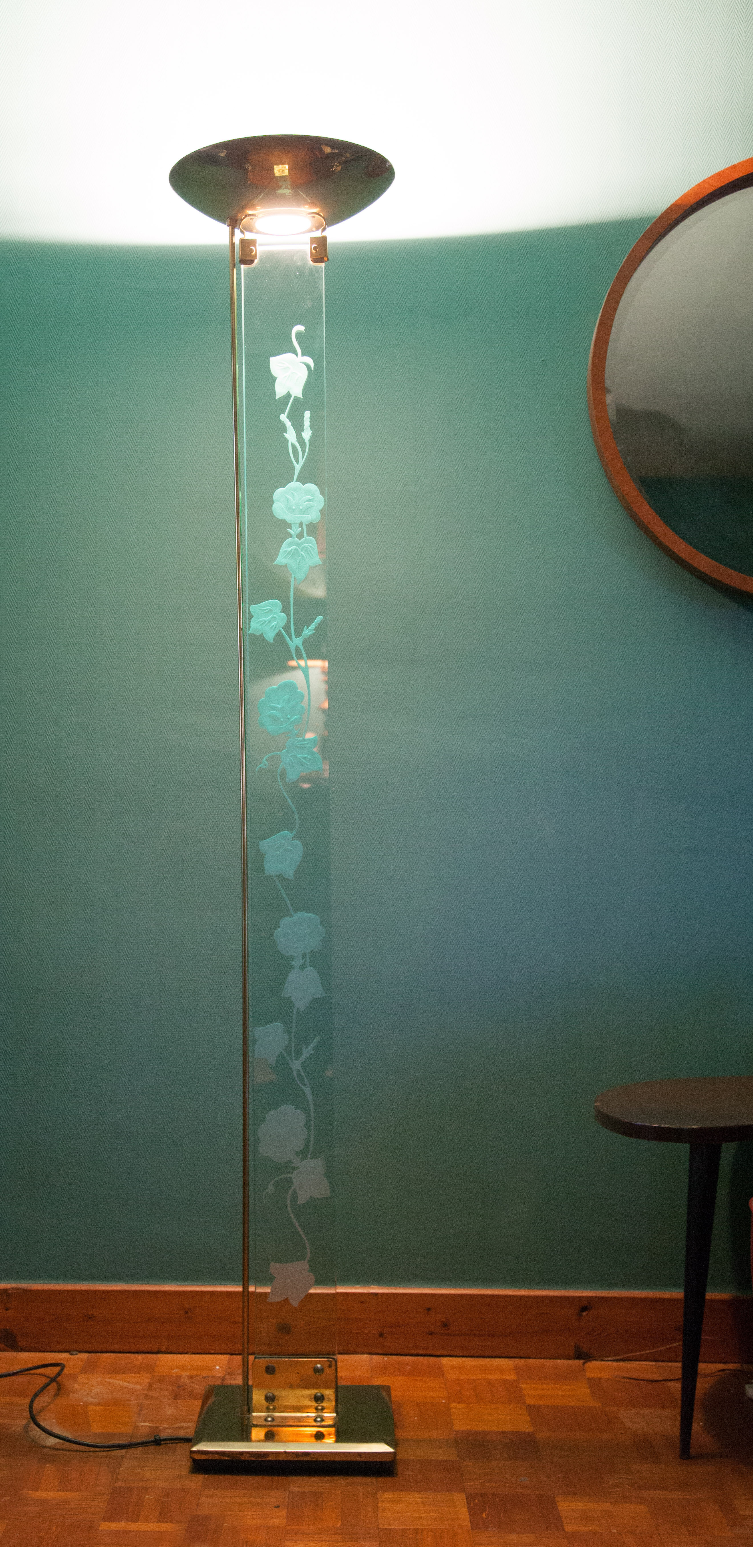 Floor lamp, brass halogen and engraved glass, attributed to Max Baguara, design lamp, 80's