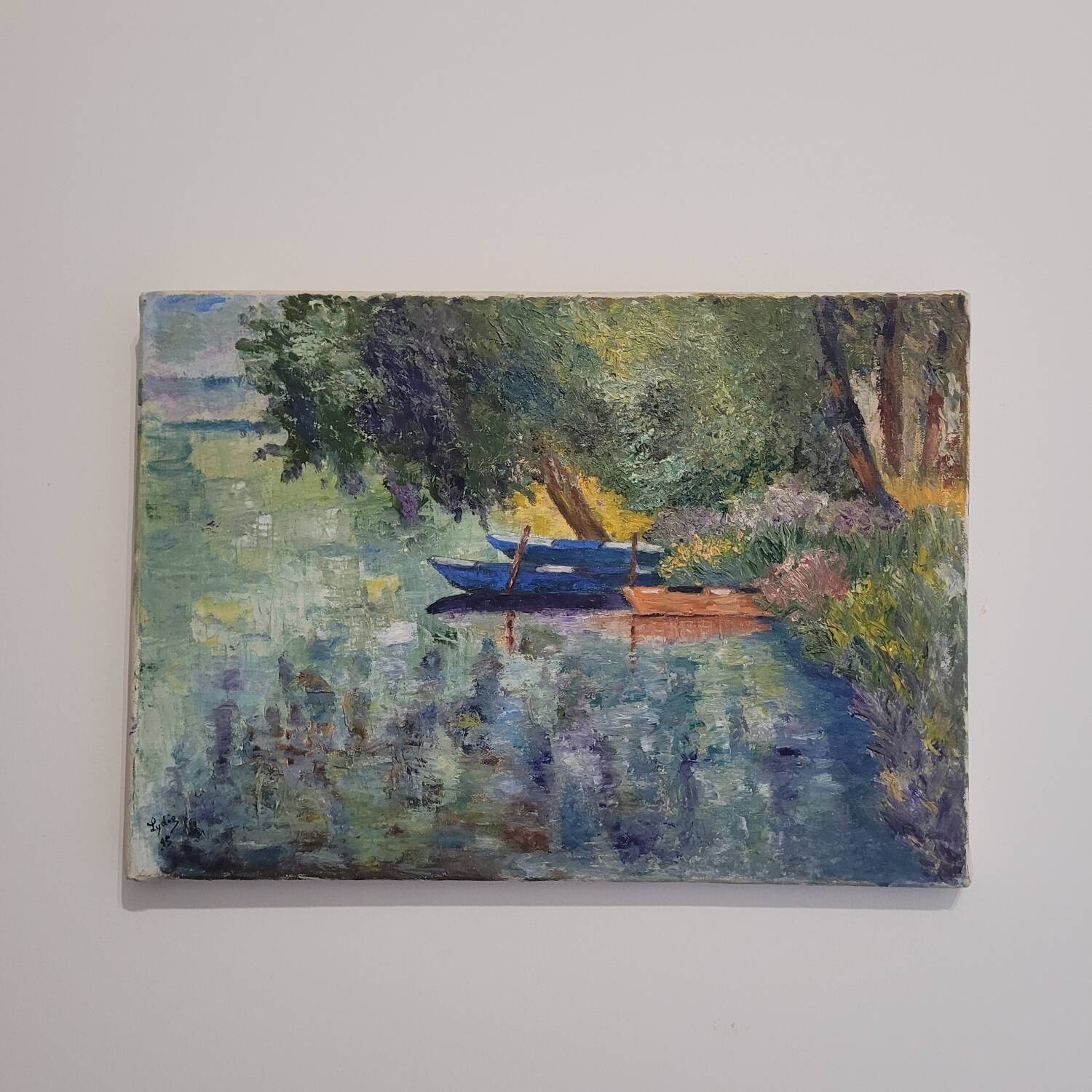 Old painting landscape boats trees 20th century