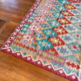 Afghan kilim rug colored red pink blue yellow diamond handmade wool