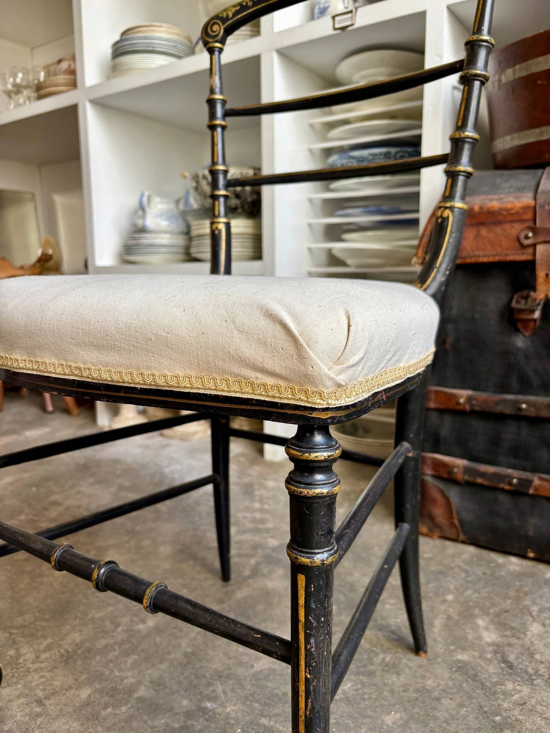 Napoleon III chair in blackened wood and beige fabric