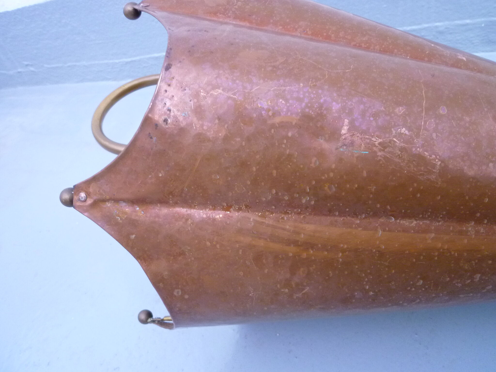 Hammered copper umbrella stand and brass