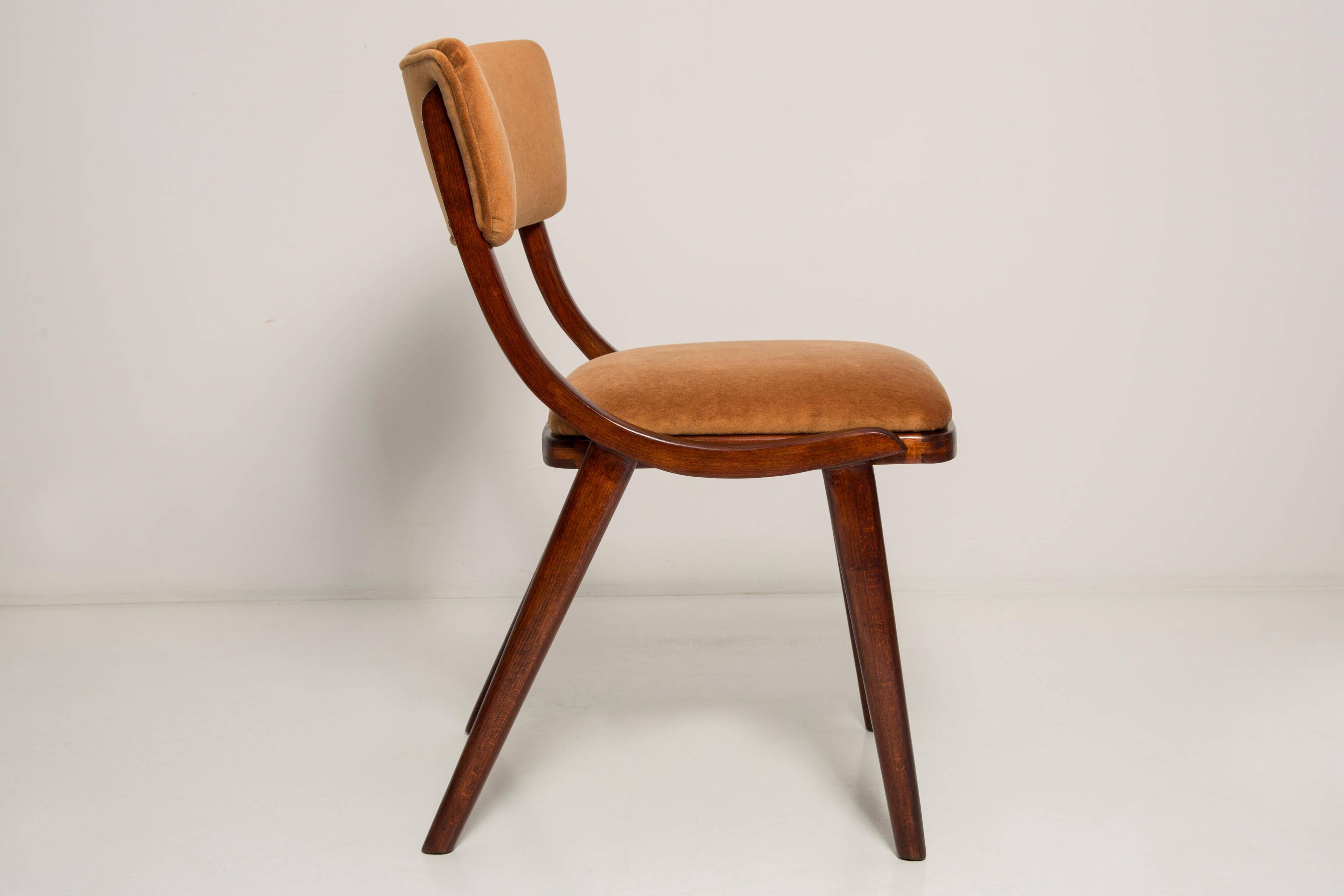 Mid-Century Modern Bumerang Chair, Brown Beige Velvet, Poland, 1960s