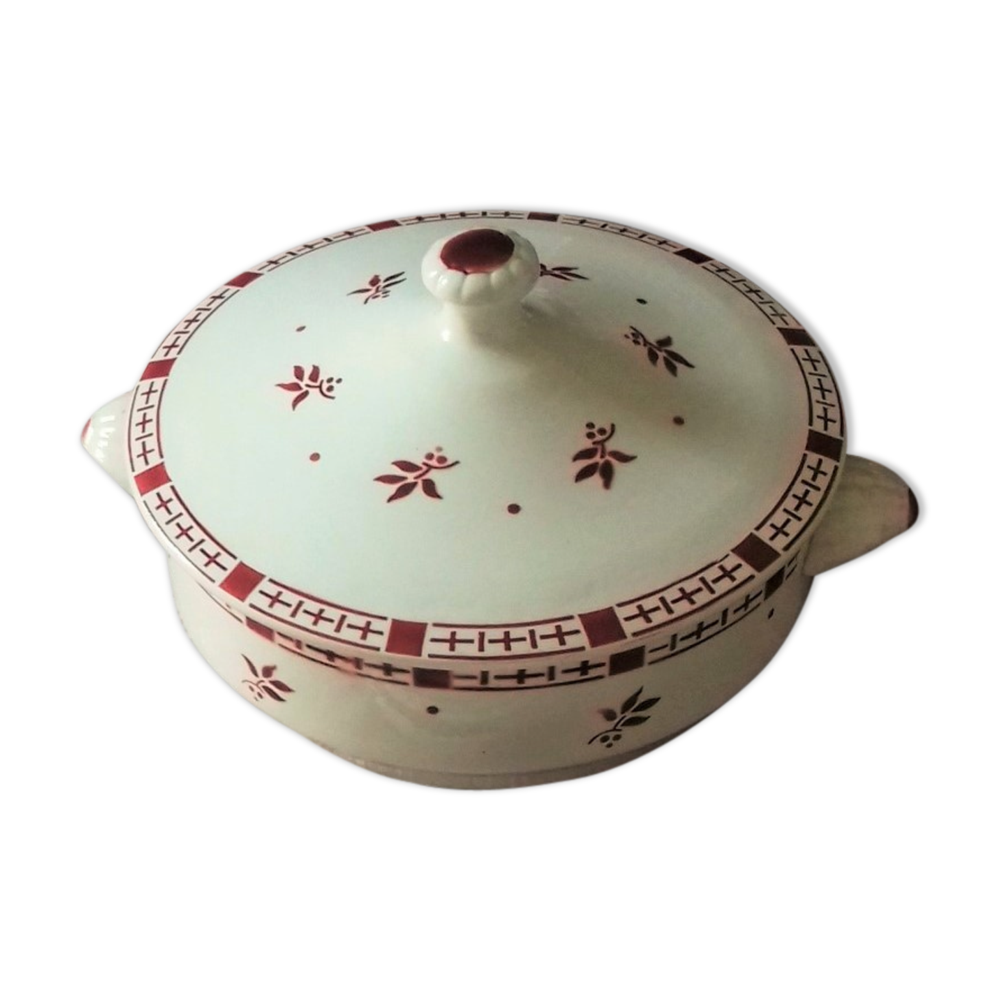 Soupière Digoin Sarreguemines Dominique fleurs rouges Art Deco