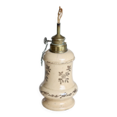 Pied de lampe à pétrole vintage en faïence beige - Motif fleuri brun - Col