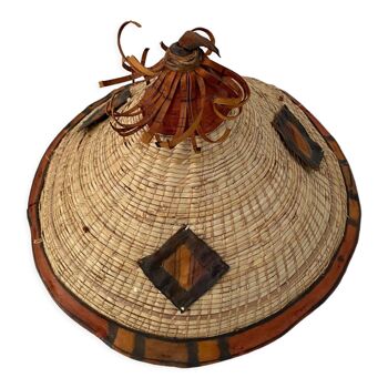 Traditional African Fulani hat in leather and woven straw