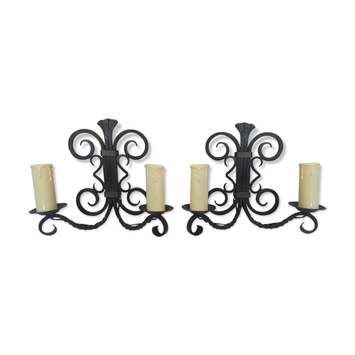 Paire d'appliques fer forgé 2 feux