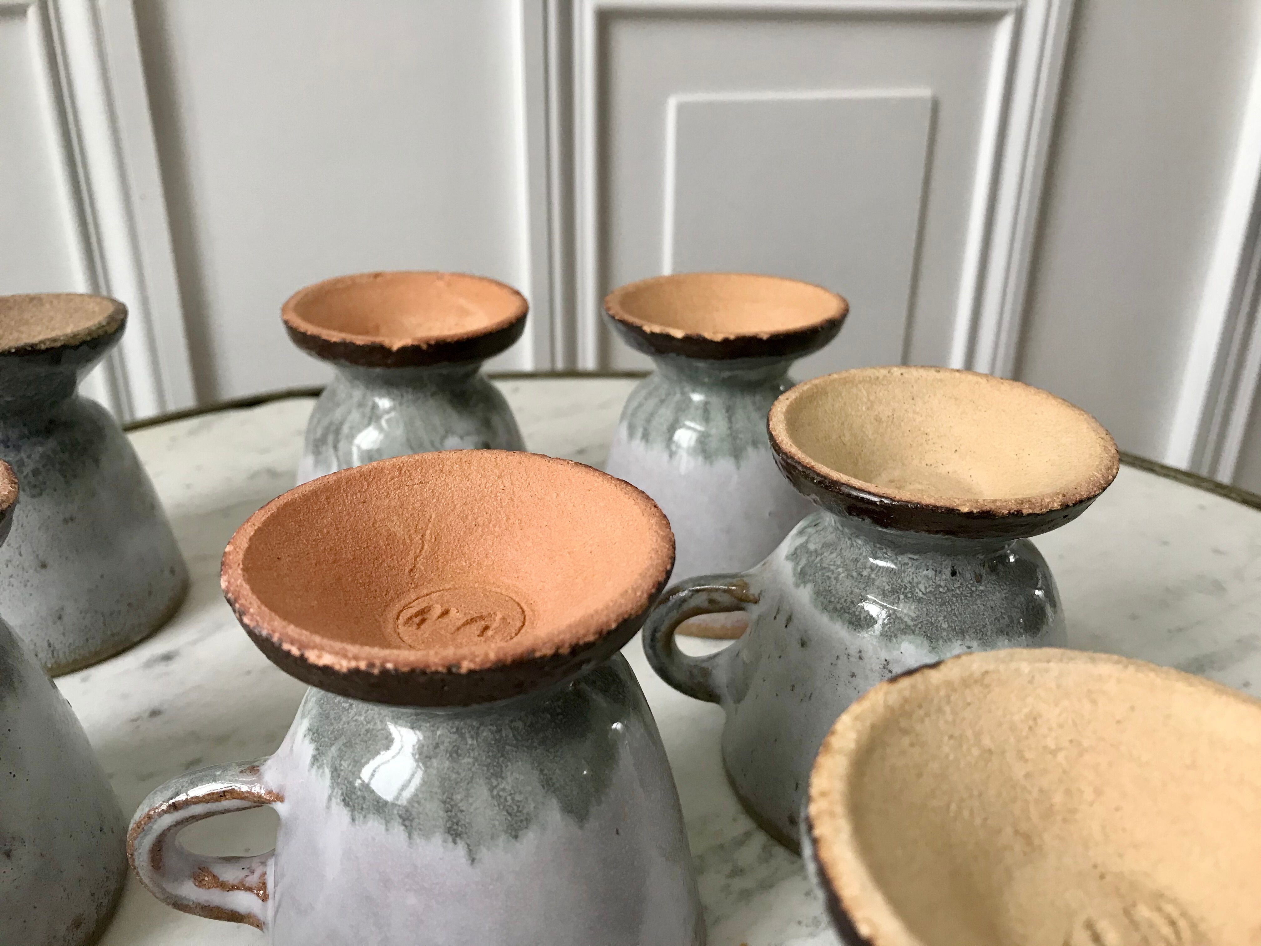 Set of 8 coffee cups, stoneware mazagrans handcrafted signed 70s