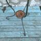 Old planter wrought iron basin blown glass
