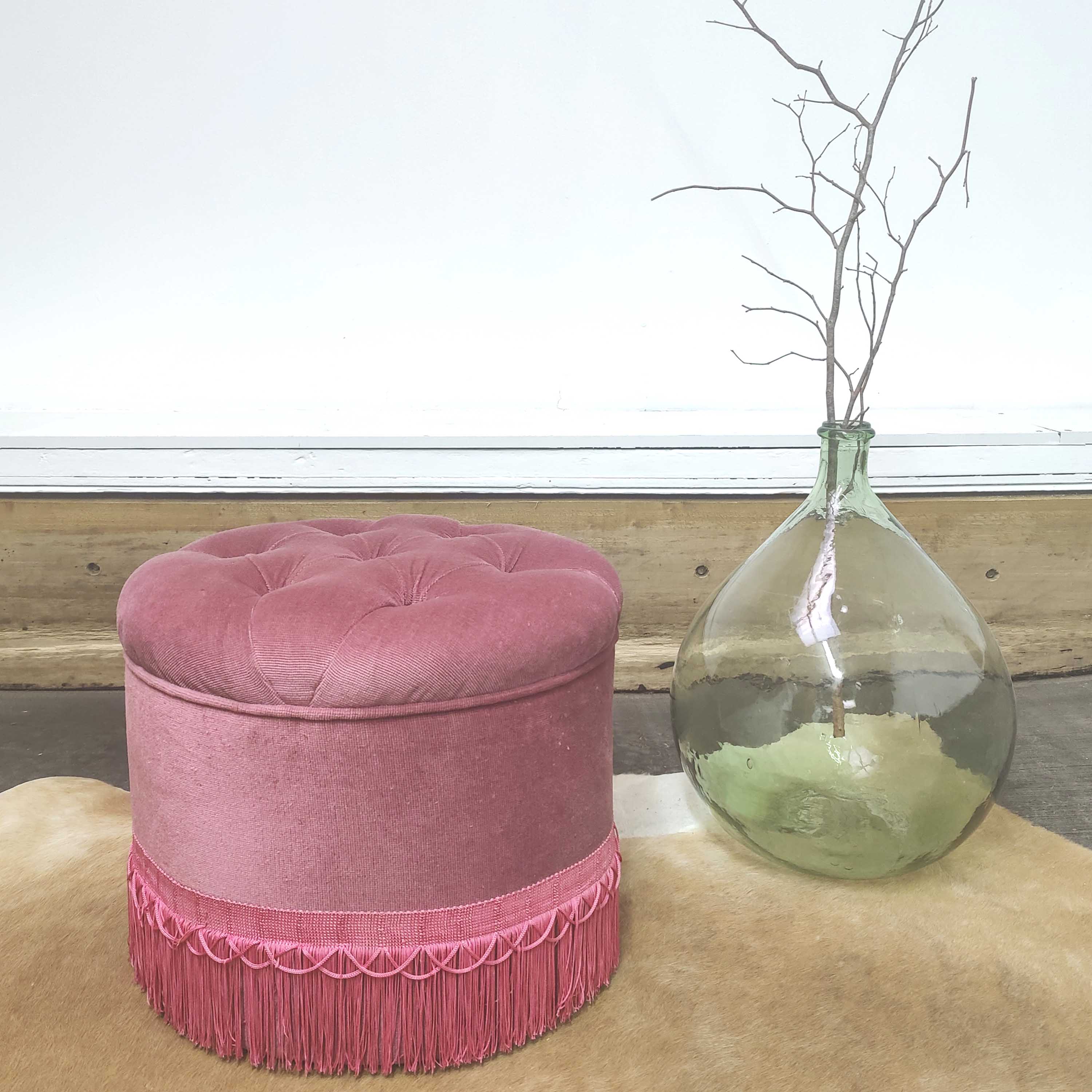 Vintage velvet padded pouf stool with fringes
