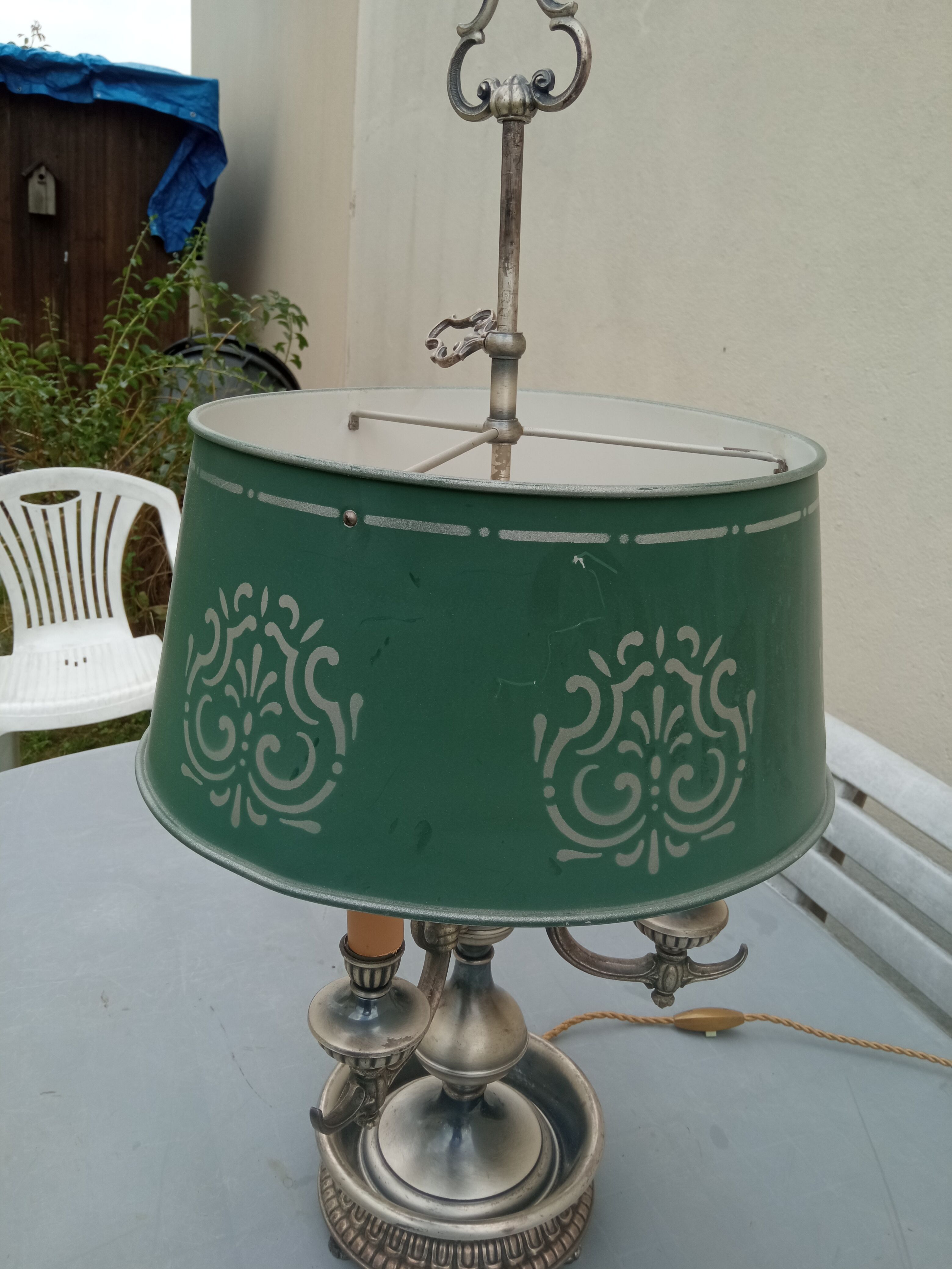 Hot water bottle lamp 3 lights silvered metal aged lampshade sheet metal (74cm)