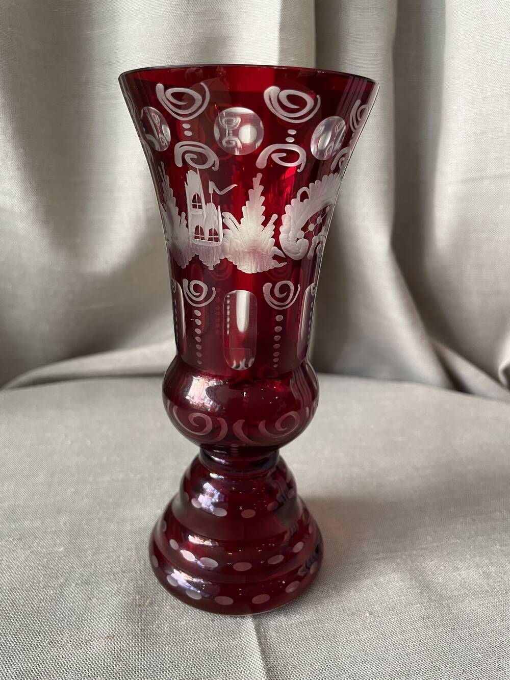 Bohemian glass vase ruby red with transparent decoration in pink and red table decoration