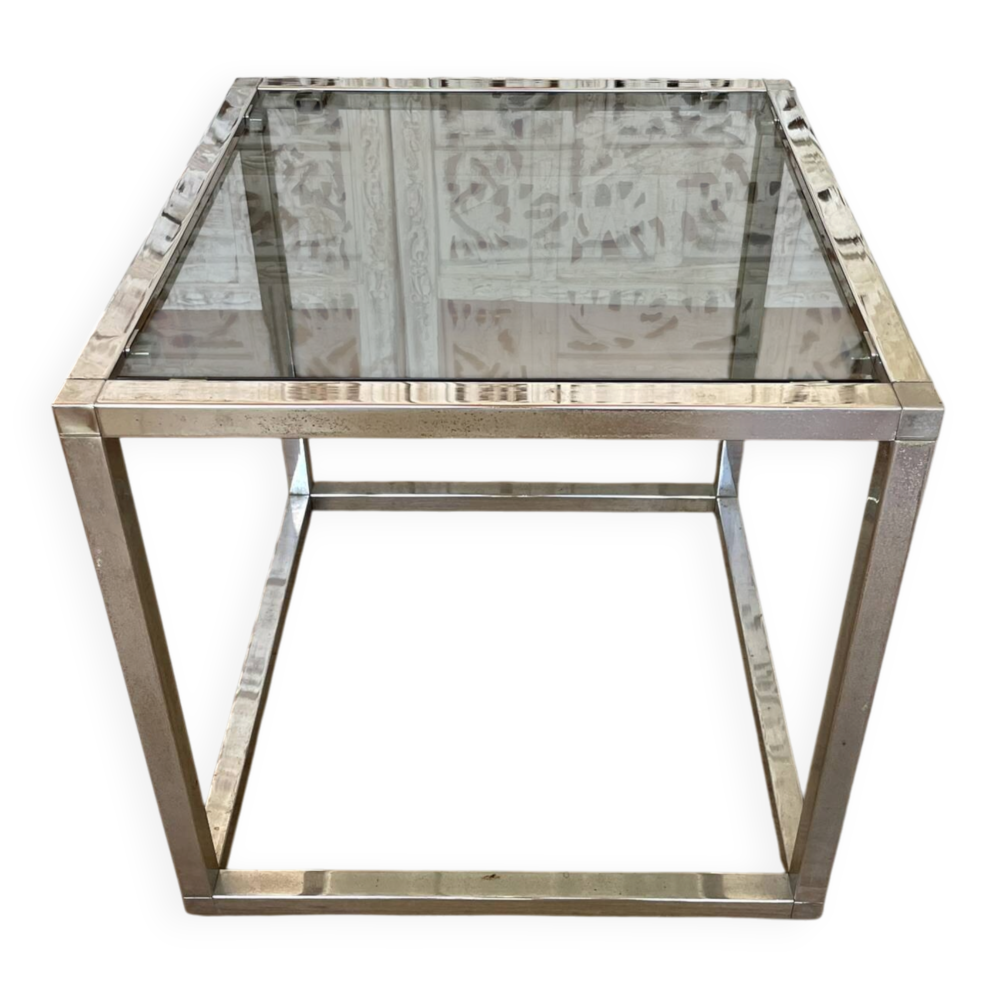 Table Basse / Bout de Canapé Vintage 1970 - Structure Chrome & Plateau Verr