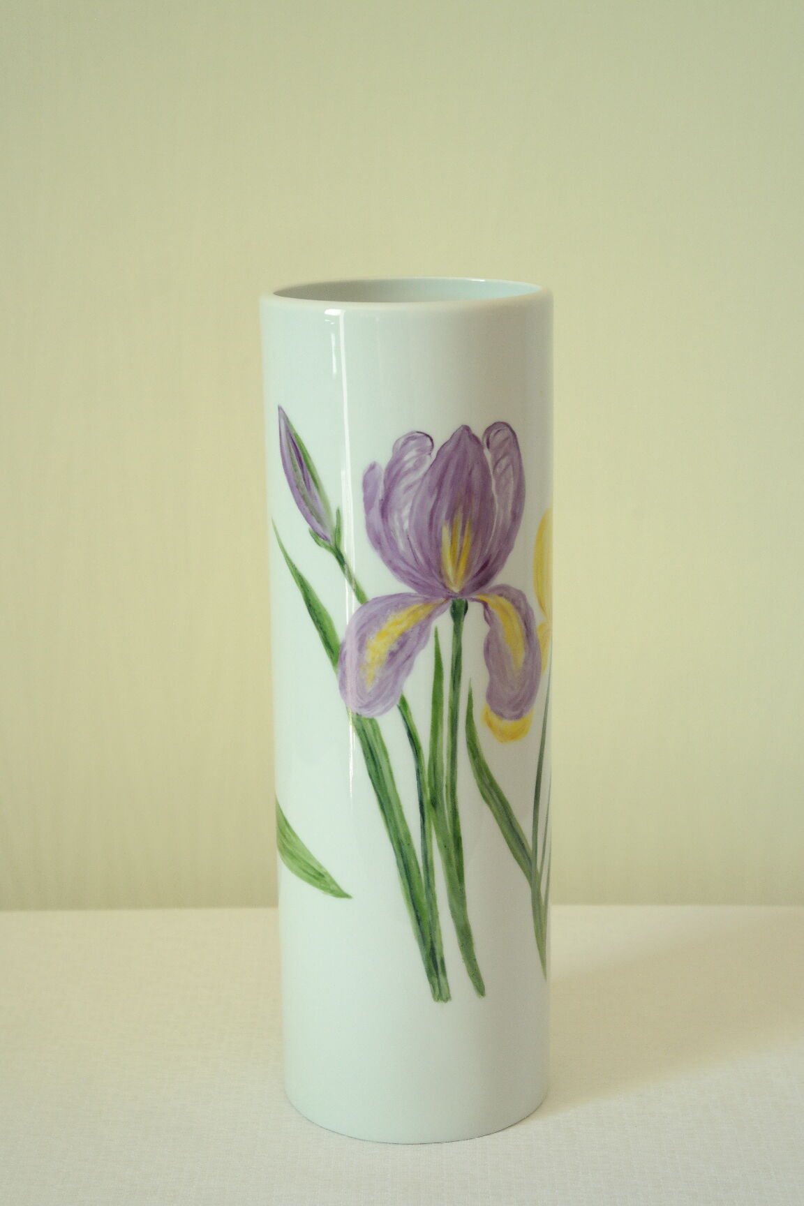 Tubular vase Limoges porcelain bucolic decoration hand painted signed