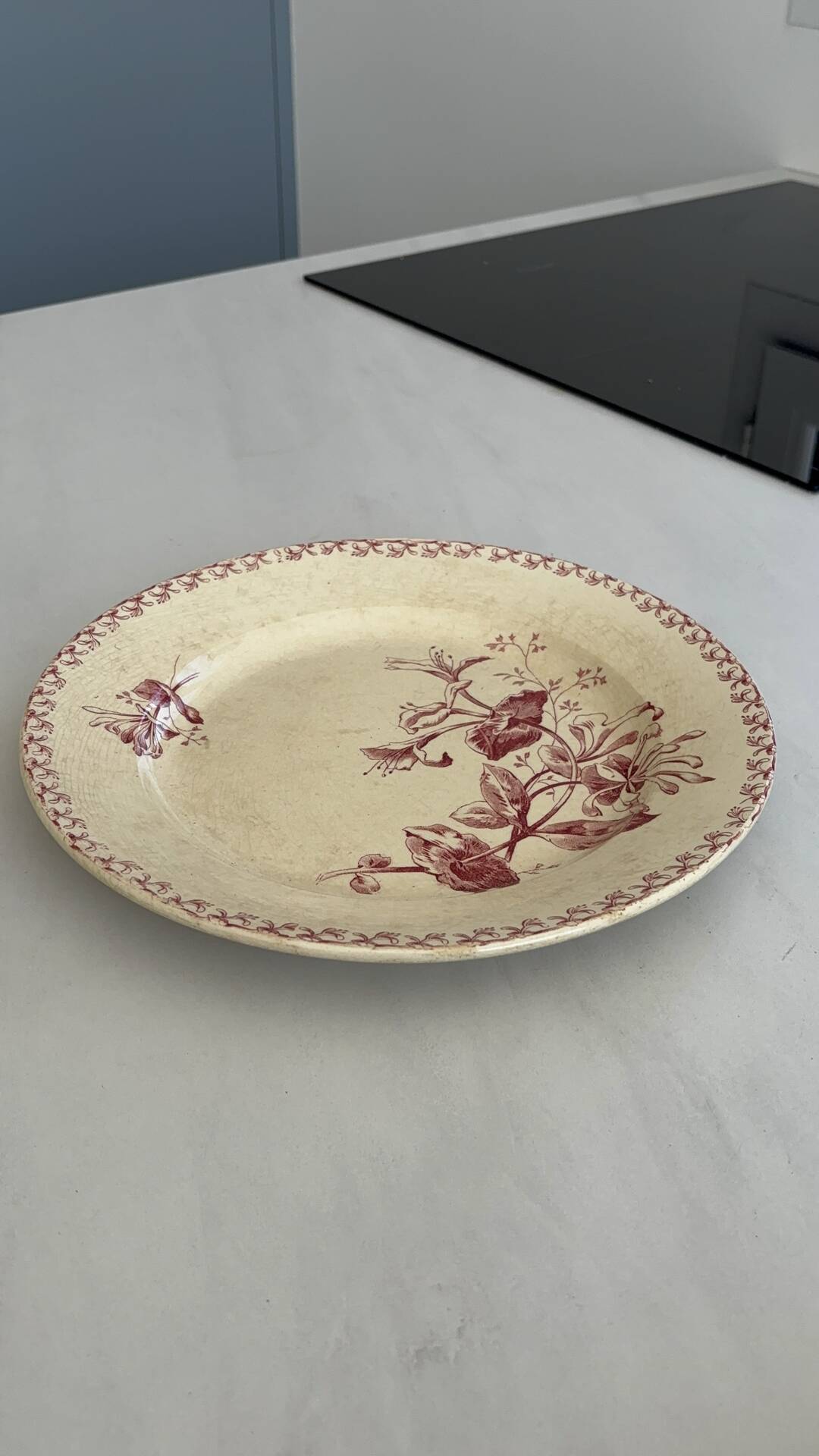 Red iron earth serving dish - Gien honeysuckle - antique earthenware