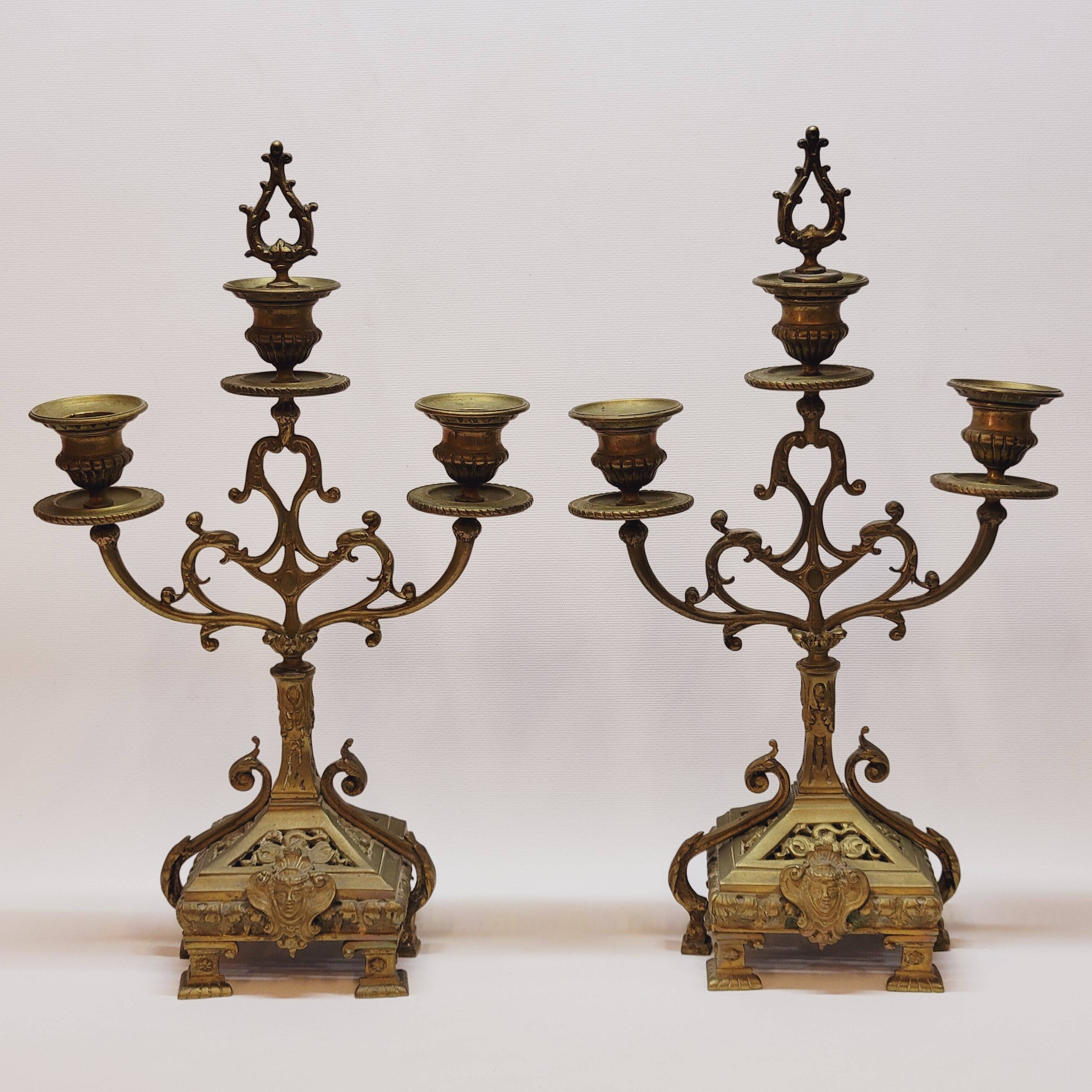 Old pair of 3 branched brass candlesticks