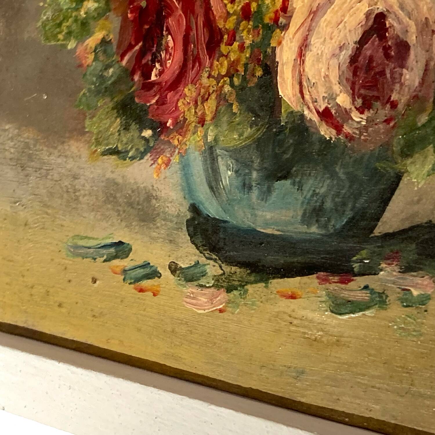 Petite huile sur panneau XXème, Chrysanthèmes