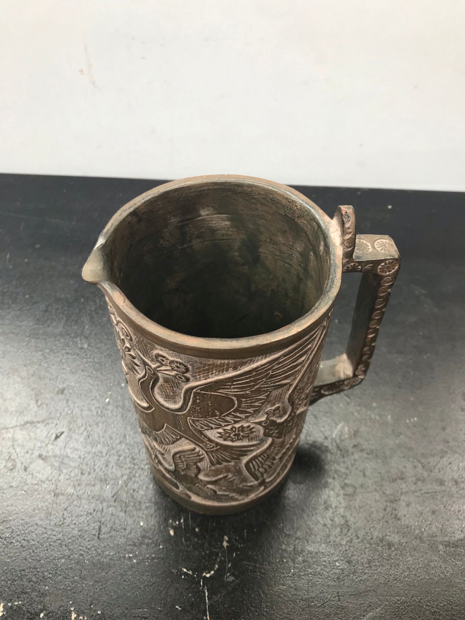 Former ceramic pitcher brown decor birds 70s vintage