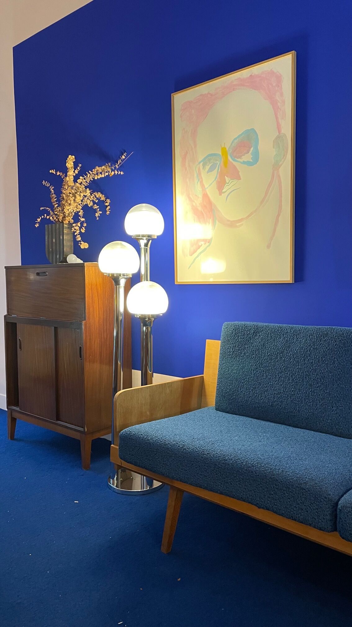 Compass leg sofa from the 60s in wood and vintage fabric