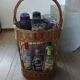 Panier porte bouteilles ancien en rotin