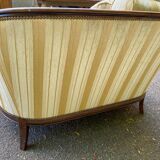 Louis XVI 2-seater sofa in golden beige fabric and curved solid wood