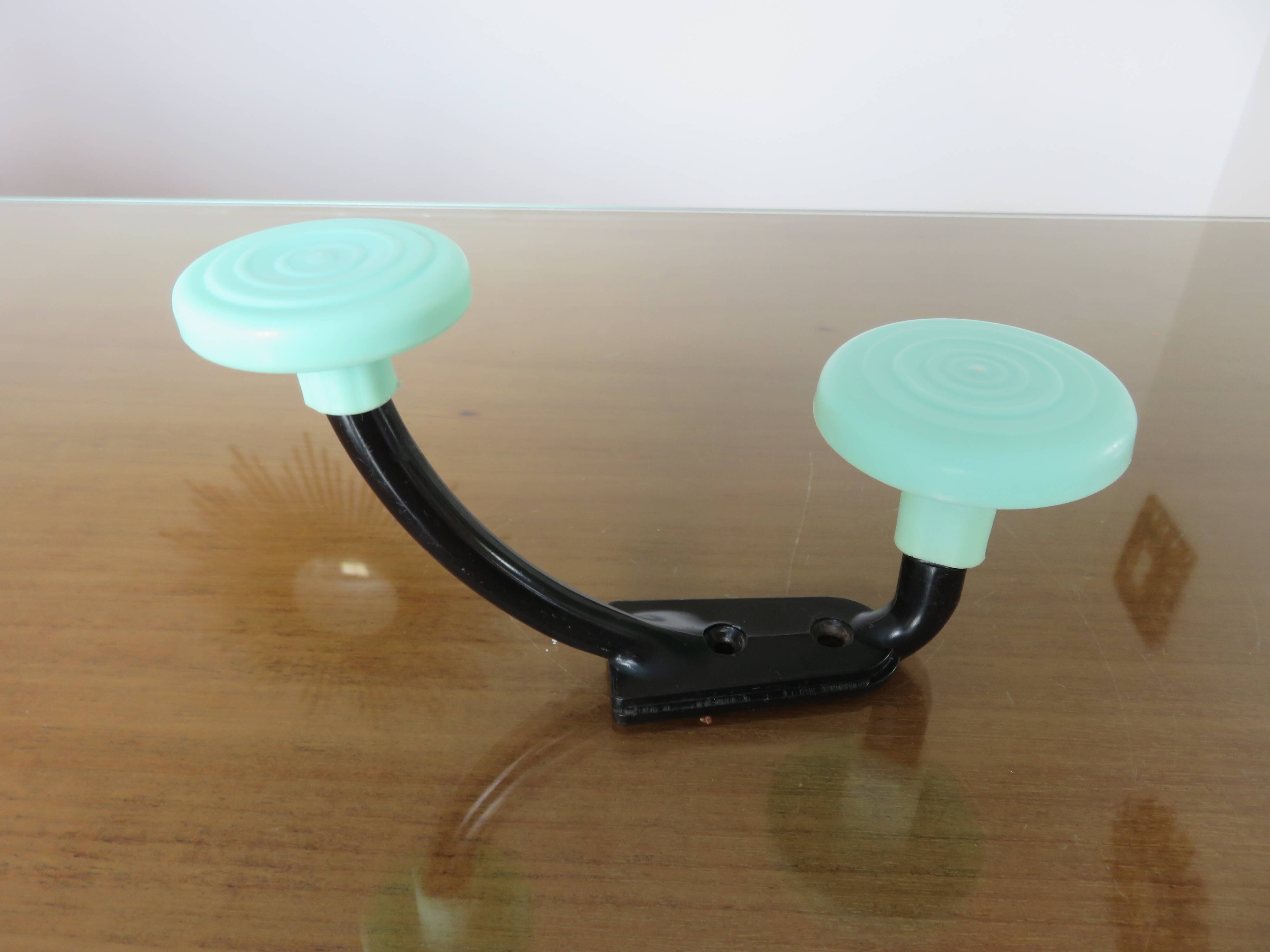 Wall coat rack, typical 1970 coat hook, practical green and black