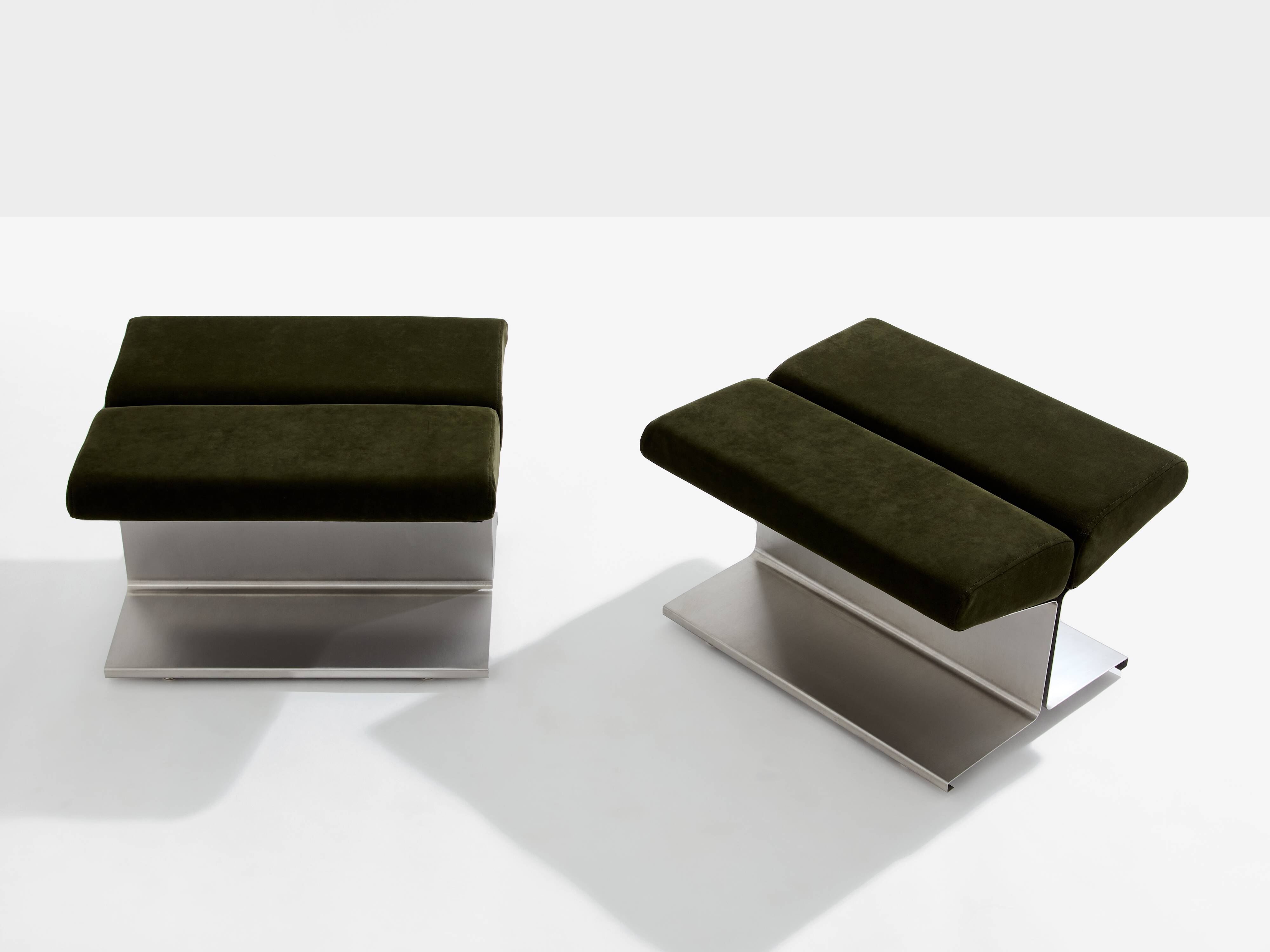 Pair of ottomans by Paul Geoffroy, brushed steel and alcantara, 1975