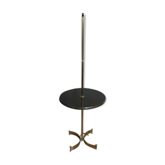 Guéridon lamp in Golden Brass and teak wood design 70