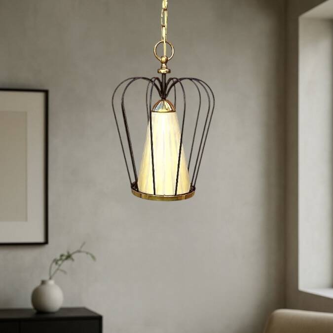 Massive vintage pendant light – brass, black metal and striped glass – 1950s