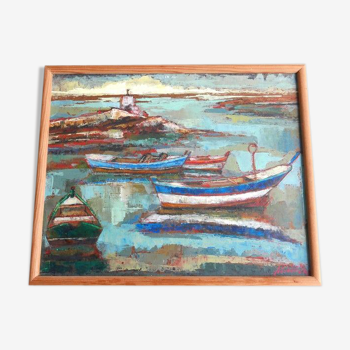 Peinture "Marine aux bateaux de Paul Kérouédan" années 70