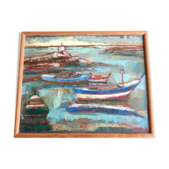 Peinture "Marine aux bateaux de Paul Kérouédan" années 70