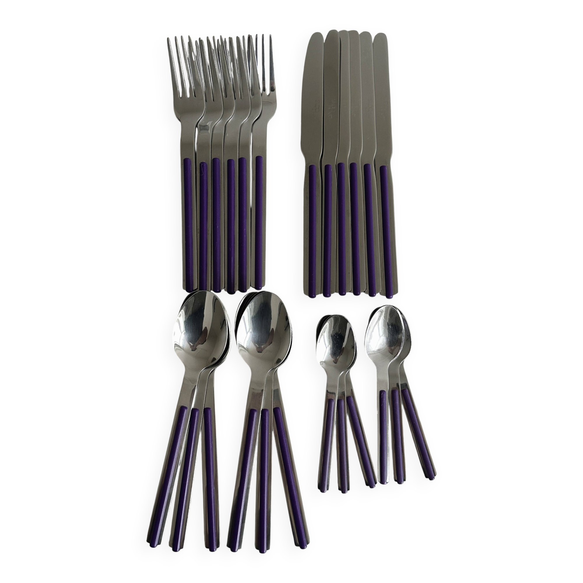 Set of 24 stainless steel and purple plastic cutlery