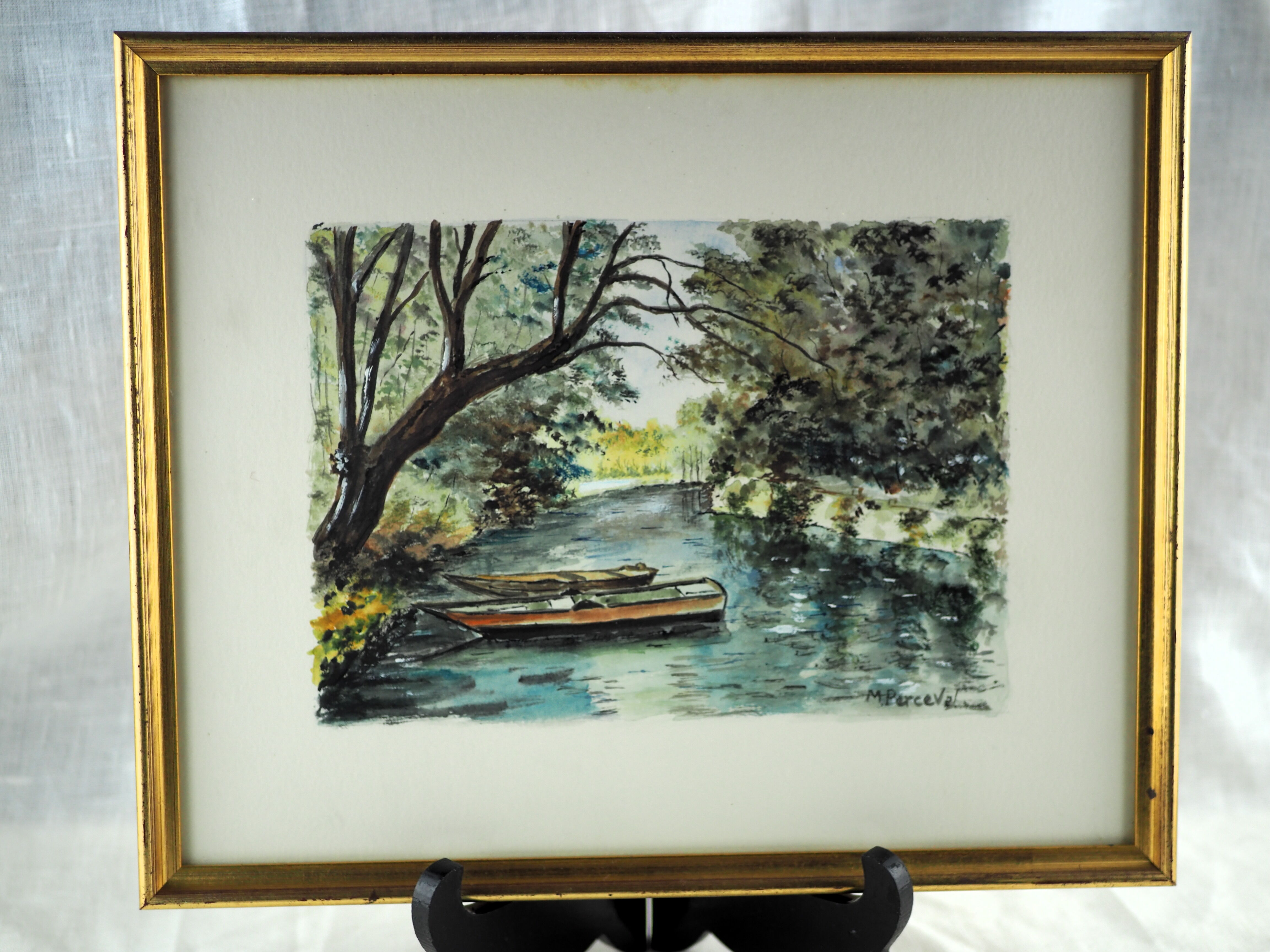 River and its two boats overlooked by a falling willow - Monique Perceval