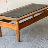 Vintage 1960s oak coffee table with slate top